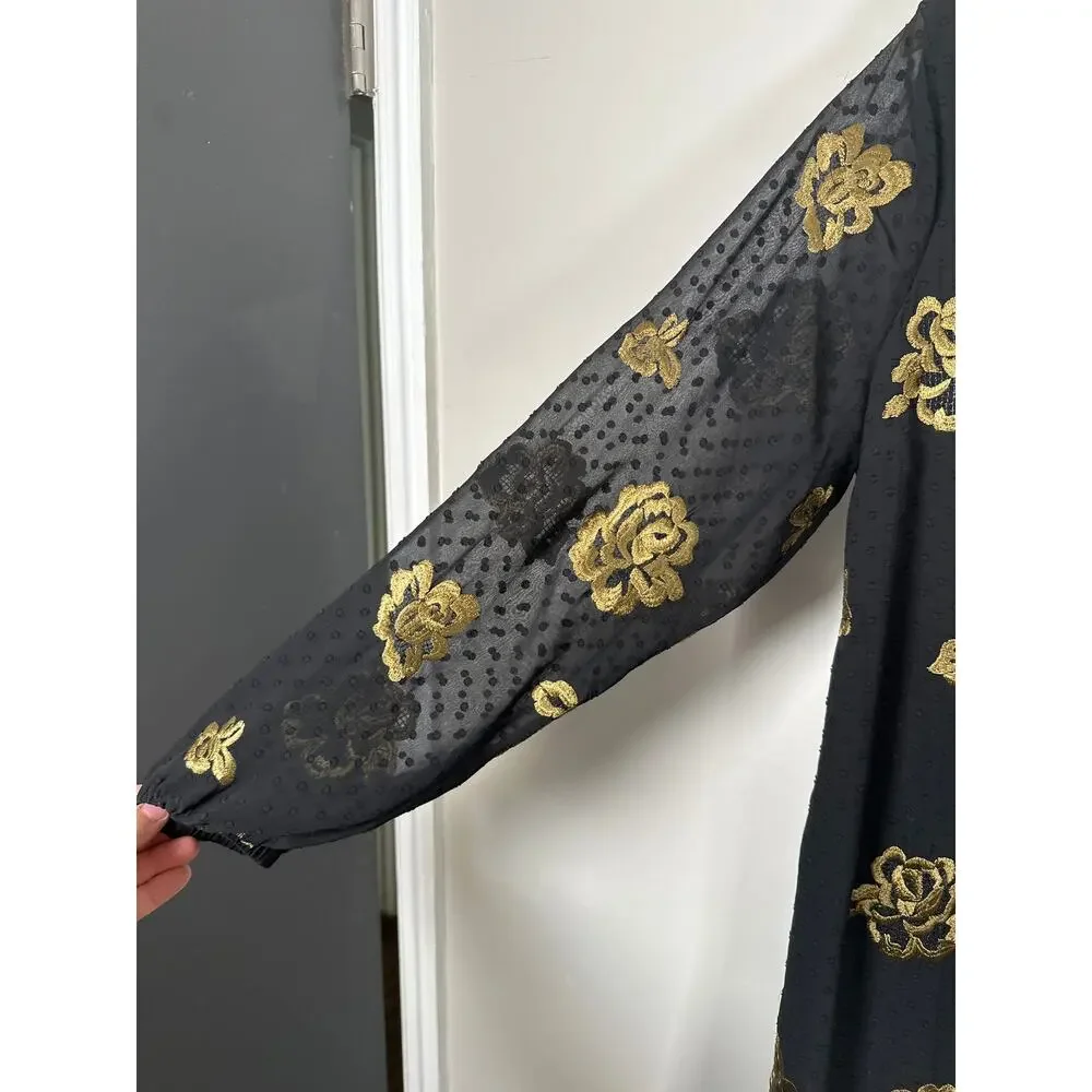 Cabi Occasion Dress Black Swiss Dot Gold Embroidery Long Sleeve Size Medium - Picture 4 of 10
